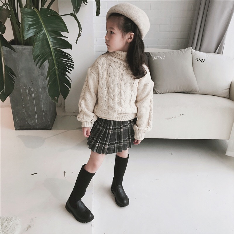 Mẫu mới mùa thu đông 2018 bé gái xếp li váy trẻ em mặc váy kẻ sọc bằng len cho bé váy dài nửa nhóm trẻ em đầm đẹp cho be gái 7 tuổi
