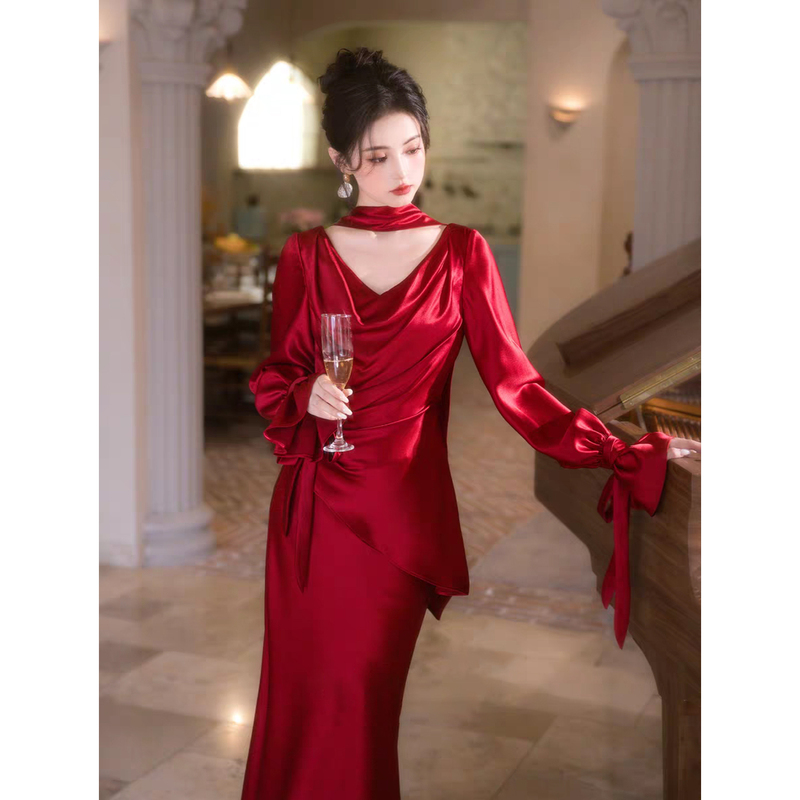 Beautiful Long-Sleeved Engagement Dress, High-End Banquet Evening Dress, Light Luxury Niche Bride Wedding Dressing Gown, Toast Dress