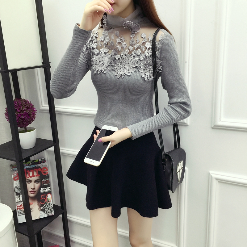 Áo len ren mùa thu và mùa đông của phụ nữ áo lưới ngọt ngào lỗ rỗng cổ cao đáy áo sơ mi nữ đầu áo len dài tay áo len gile