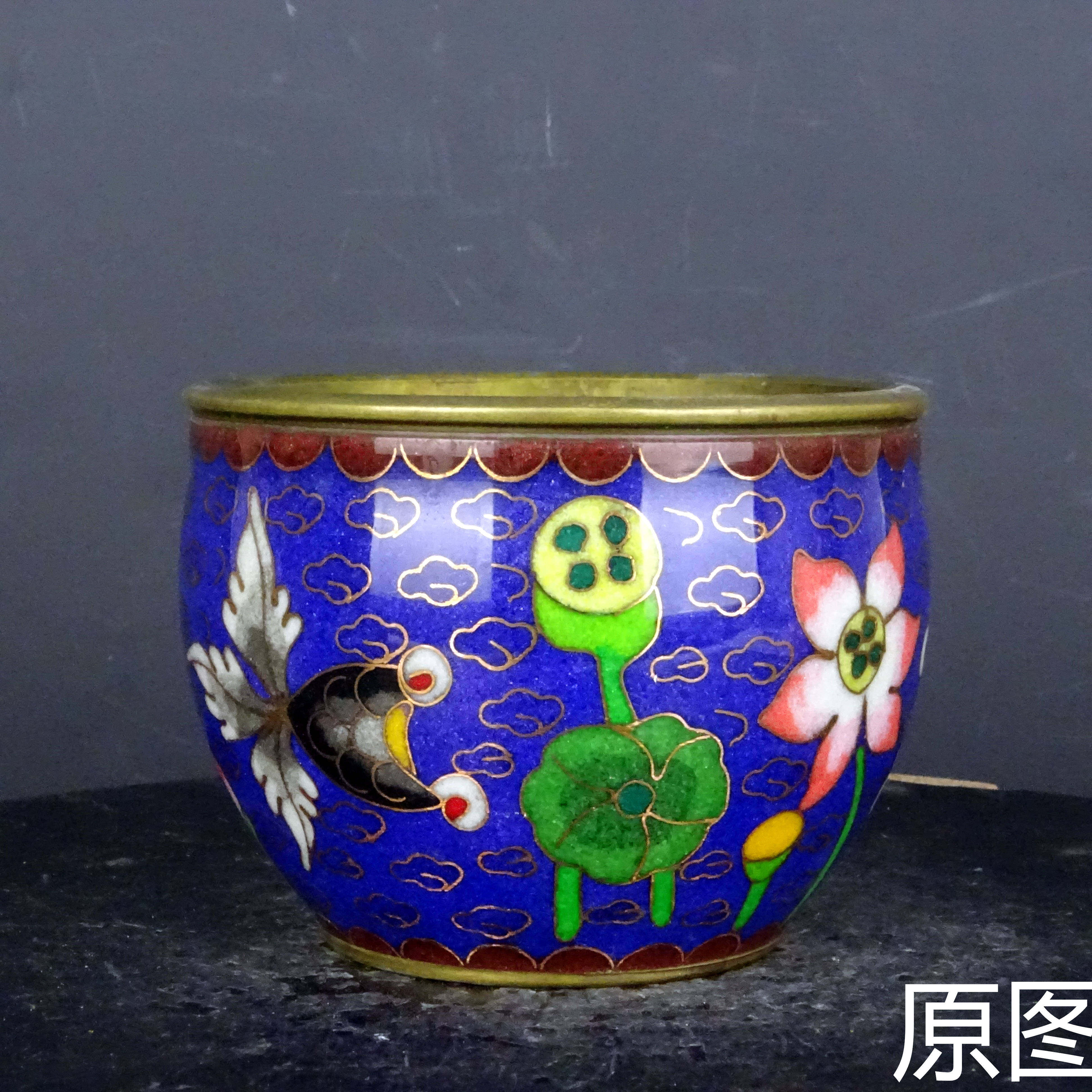 中国 清代 乾隆年制 底款 七宝焼き（景泰蓝）銅製香炉 骨董品 仙鶴と雲