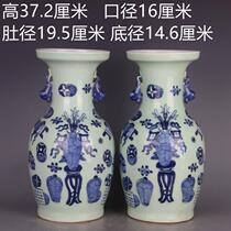 Qing Kangxi bean green glaze blue and white lion ear vase handmade antique home Chinese porcelain paired ornaments antique collection