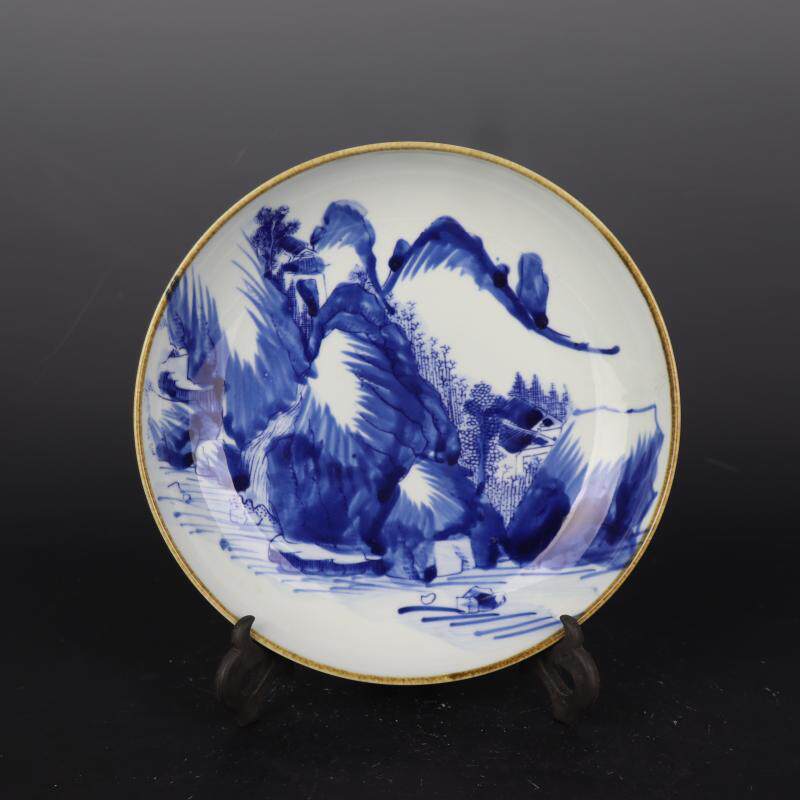 清時代 康熙年製 盘口瓶 青花山水文瓶 陶磁器 花瓶 古美術品 旧家
