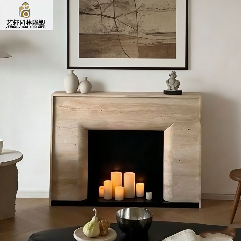 Natural Travertine Fireplace, French Vintage Style, Zen-Inspired Living Room Marble Fireplace, Antique Stone Decorative Fireplace Frame