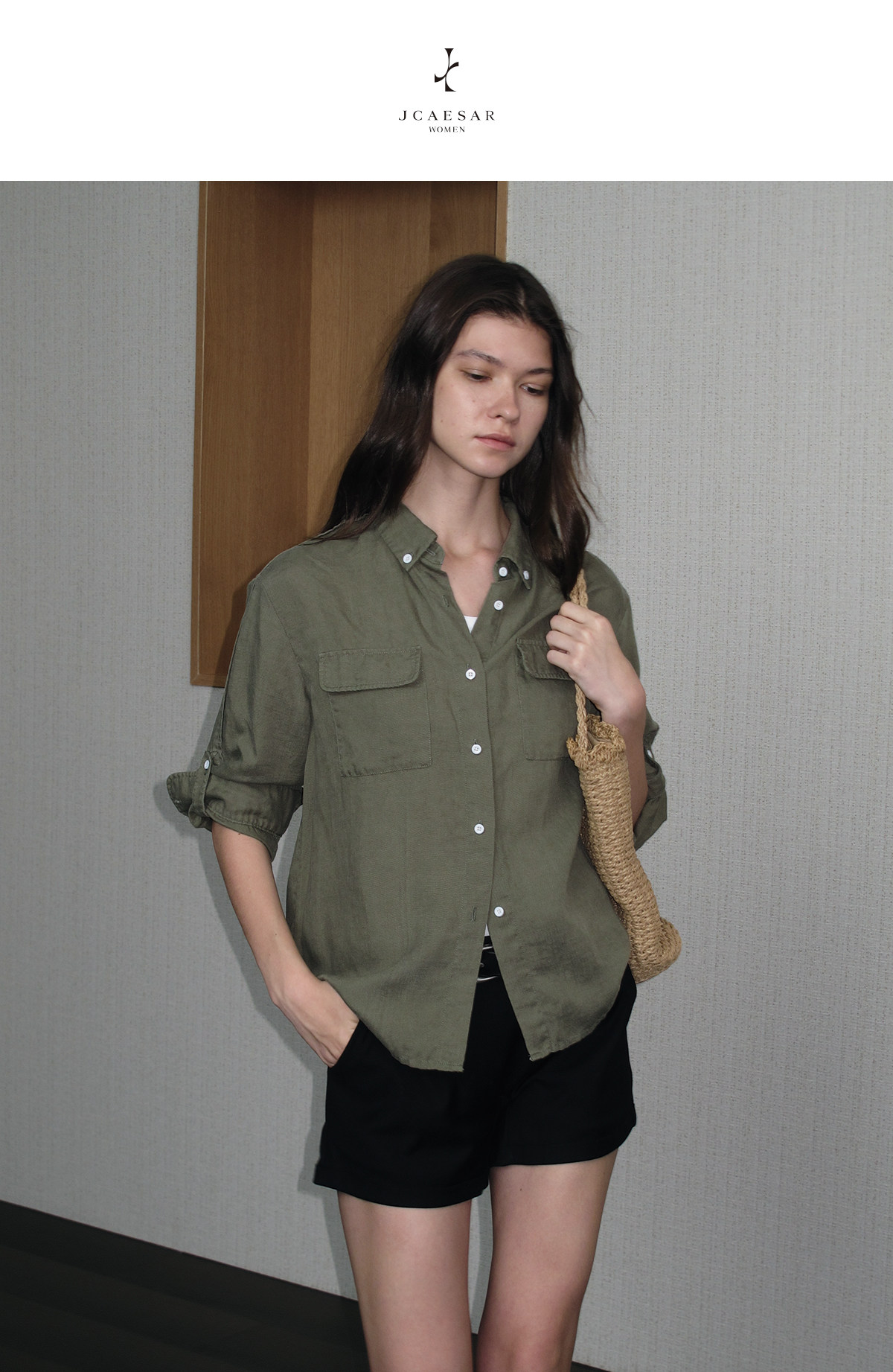 JCAESAR WOMEN Washed Linen Rolled-Cuff Long-Sleeve Shirt