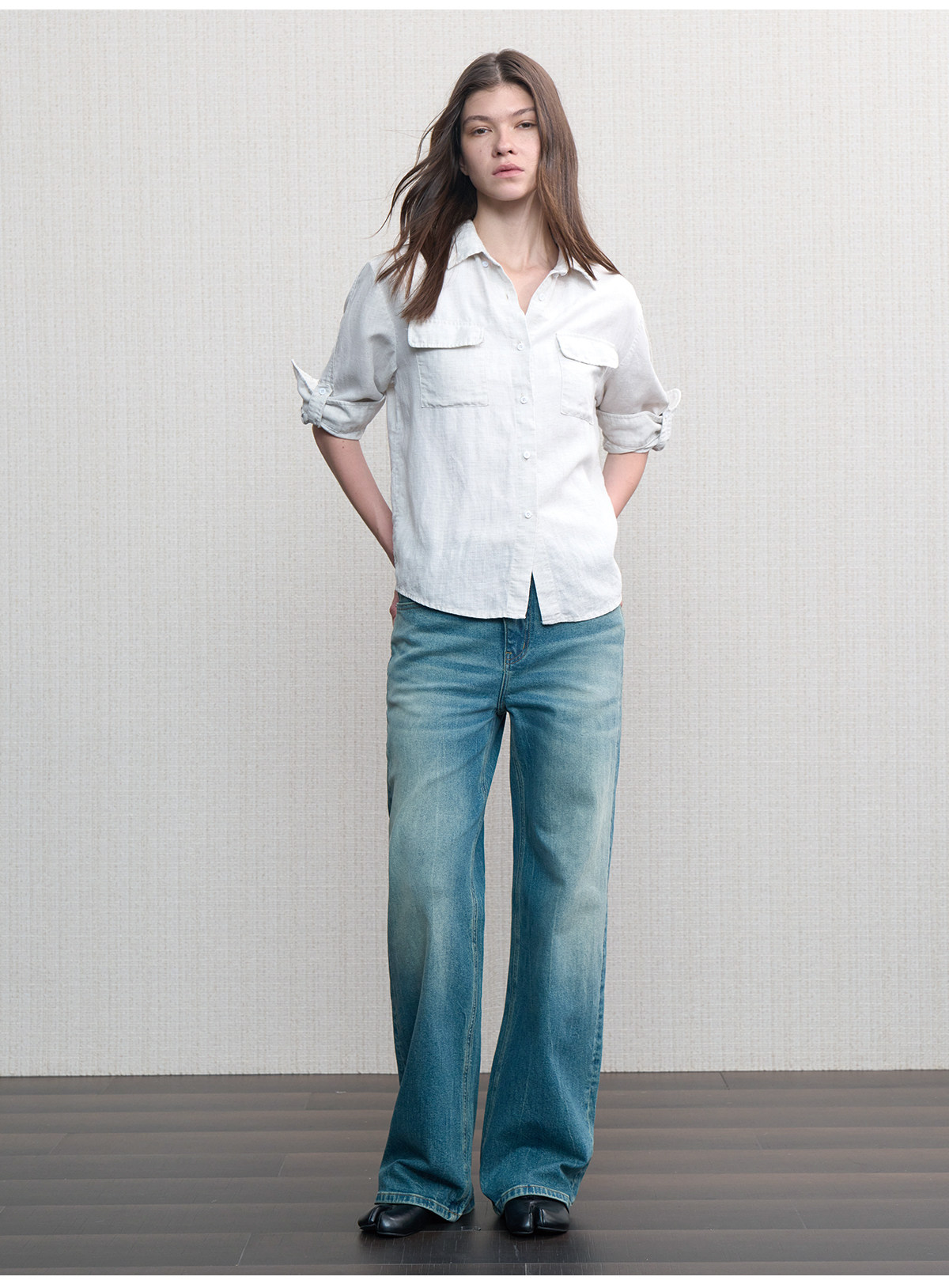 JCAESAR WOMEN Washed Linen Rolled-Cuff Long-Sleeve Shirt