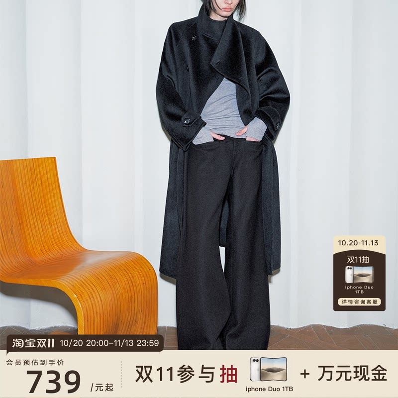 Jcaesar Women Asymmetrical Neck Tie Long Double-Sided Wool Coat Wool Blend Loose Wool Jacket Winter