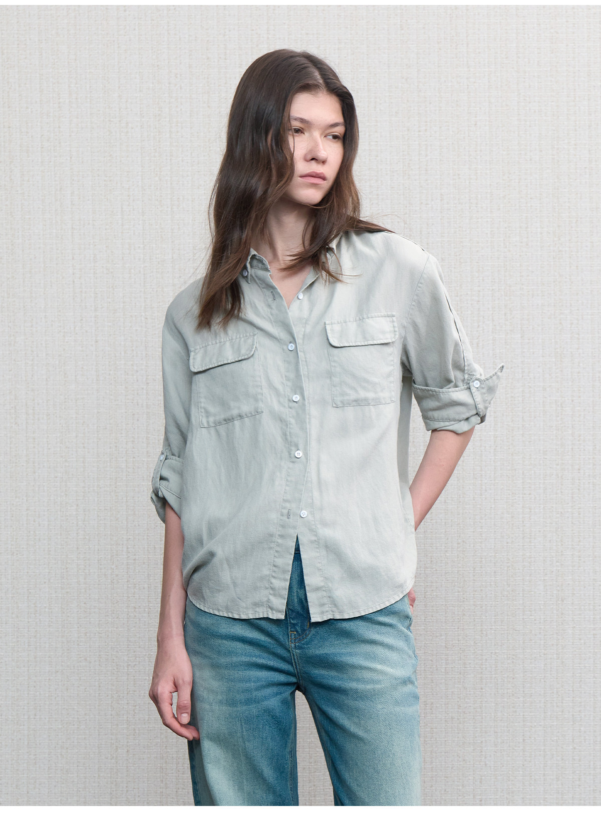 JCAESAR WOMEN Washed Linen Rolled-Cuff Long-Sleeve Shirt
