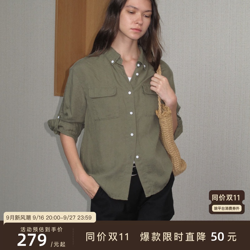 Jcaesar Women Washed Linen Rolled Edge Long-Sleeve Shirt, Cotton-Linen Blend, Textured, Adjustable Sleeve Length