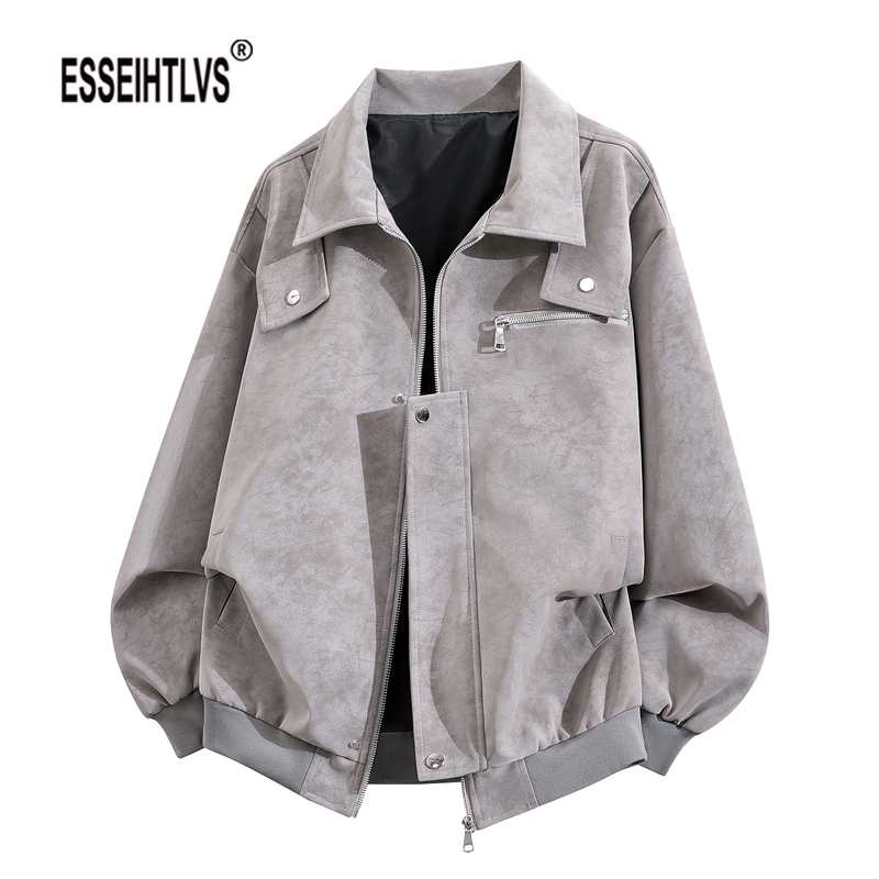 American-Style Trendy Brand Tie-Dye Pu Leather Jacket for Men and Women, New Vintage High-End Look, Cool and Versatile, Turn-Down Collar Biker Jacket