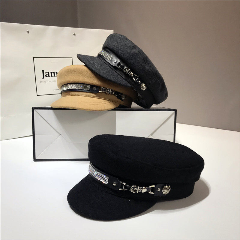 French online red Korean version of the autumn winter fur Duck Tongue Cap Children Fashion Water Drill Navy Hat Flat Top Hat 100 Lap Anise Cap-Taobao
