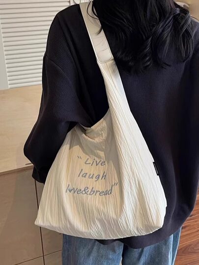 Japanese embroidered pleated canvas bag for women summer large-capacity class commuter bag versatile shoulder underarm tote bag