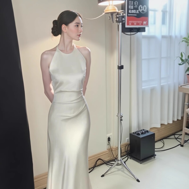 Sexy Silky Satin Halter Neck Dress for Women, Summer Elegant Pleated Slim Fit Fishtail Bodycon Niche High-End Long Dress Sexy Silky Satin Halter Neck Dress for Women, Summer Elegant Pleated Slim Fit Fishtail Bodycon Niche High-End Long Dress