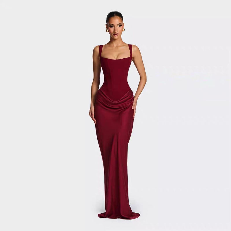 Babyboo European and American Sexy French-Style Fishbone Waist-Cinching Slimming Spaghetti Strap Dress Christmas New Year Red Dress Babyboo European and American Sexy French-Style Fishbone Waist-Cinching Slimming Spaghetti Strap Dress Christmas New Year Red Dress