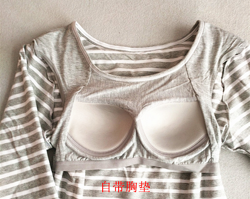 Mùa xuân và mùa thu mới dài tay bông đai ngực pad miễn phí bra cup một bra-t đồ ngủ phụ nữ phù hợp với dịch vụ nhà pijama nam trung niên