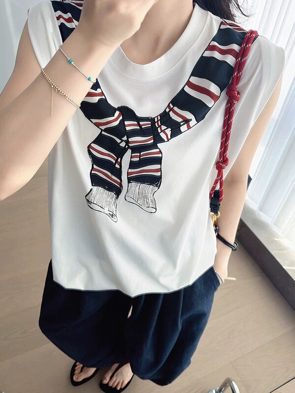 Shawl Vest, Imitation Lyocell Cotton, Printed Round Neck, Pleated Rolled Edge, Sleeveless, Versatile Loose Top for Women in Summer