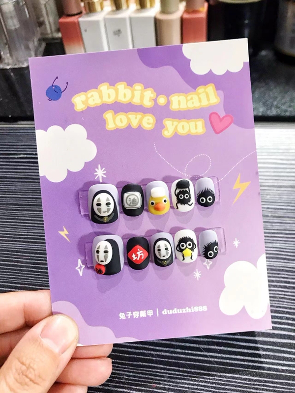 Rabbit Wears Nails Original Faceless Man Spirited Away Short Nails Hand-Painted Carved 3D Nail Art Fake Nails Cartoon