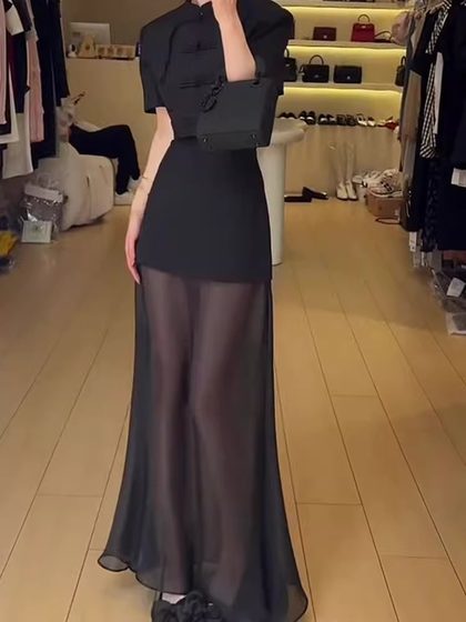 黑色拼接网纱半身裙女2025夏季新款高腰显瘦时尚气质百搭a字裙子