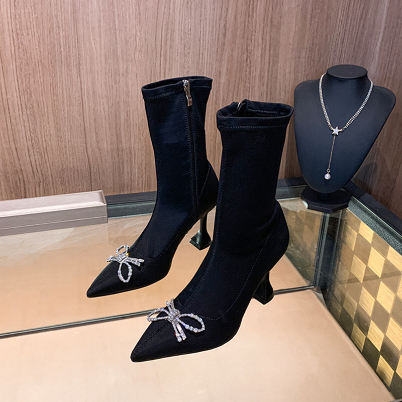 European and American wine glass heel zipper elastic women's boots thin boots bow buckle rhinestone ankle boots women's satin Martin boots high heels