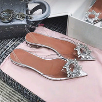 Net Red Sandals Women Superfire Crystal Inlaid Drilling Transparent Sandals Pointy Back Empty Flat-bottomed Fairy Shoes 100 hitch Shallow Mouth Single Shoes