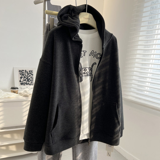 Chaqueta sudadera gris oscuro retro de terciopelo suelto grueso