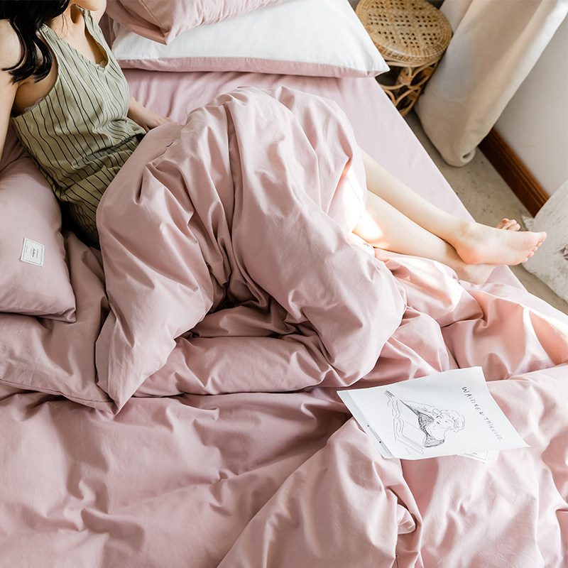 Nordic Feng Shui washing cotton four pieces of full cotton pure cotton minimalist pure color sheet Quilt Cover Student Dormitory Bed Bamboo three sets