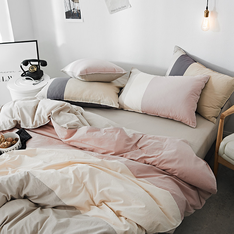 Nordic embroidery cotton washed cotton four-piece set naked sleep stitching double pure cotton solid color quilt cover sheet bedding