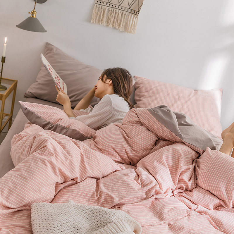 Nordic minimalist full cotton four sets A face washed cotton B-face grinding wool thickened warm autumn and winter style bedding