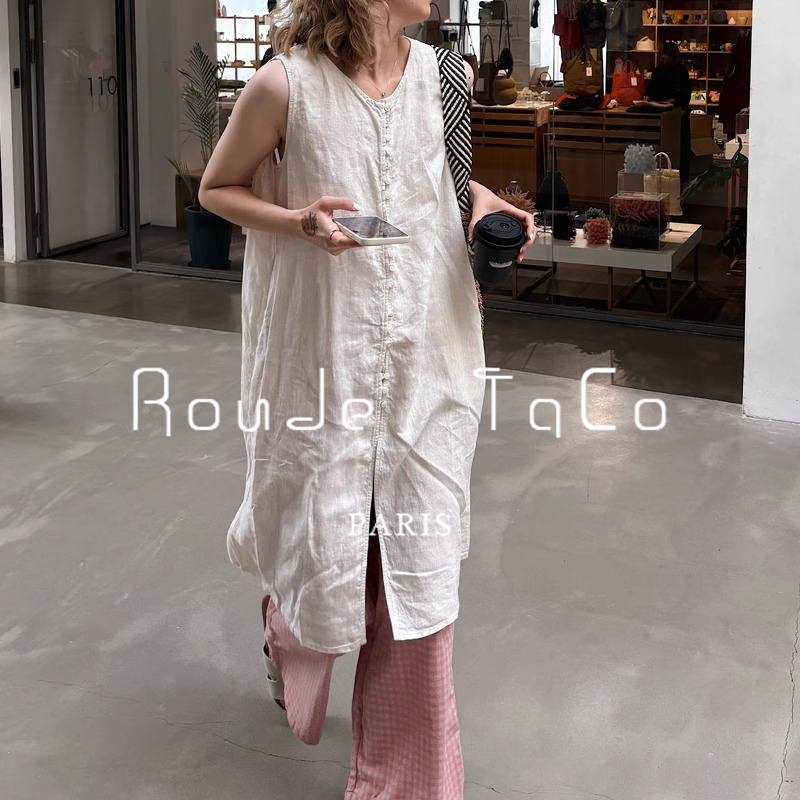 Rouje Taco Retro Linen Vest Dress for Women, Summer Lazy and Relaxed Style, Slimming Mid-Length Shirt