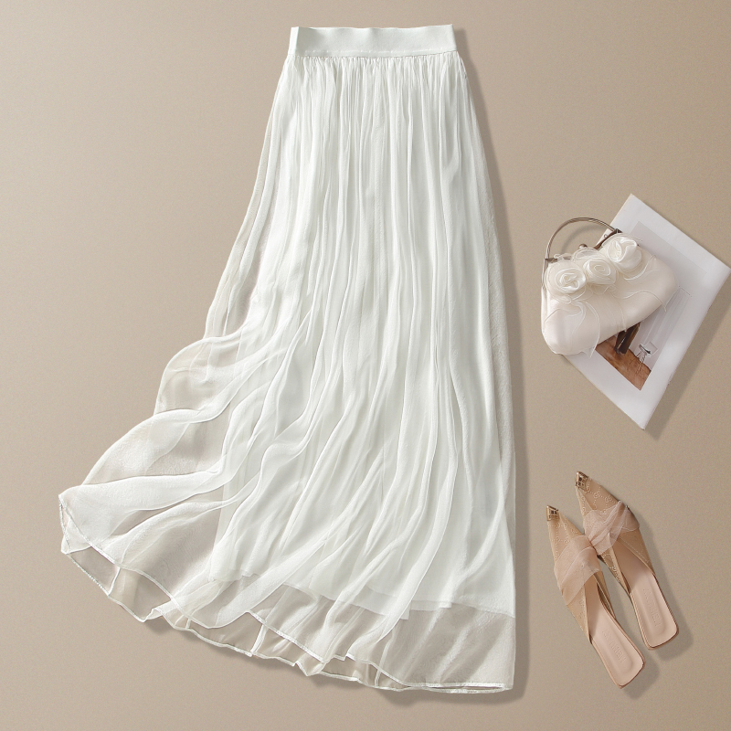Silk Midi Skirt, Classy and Exquisite, 2026 Summer New Style, Elastic Waist, Slimming, Drapey A-Line White Skirt