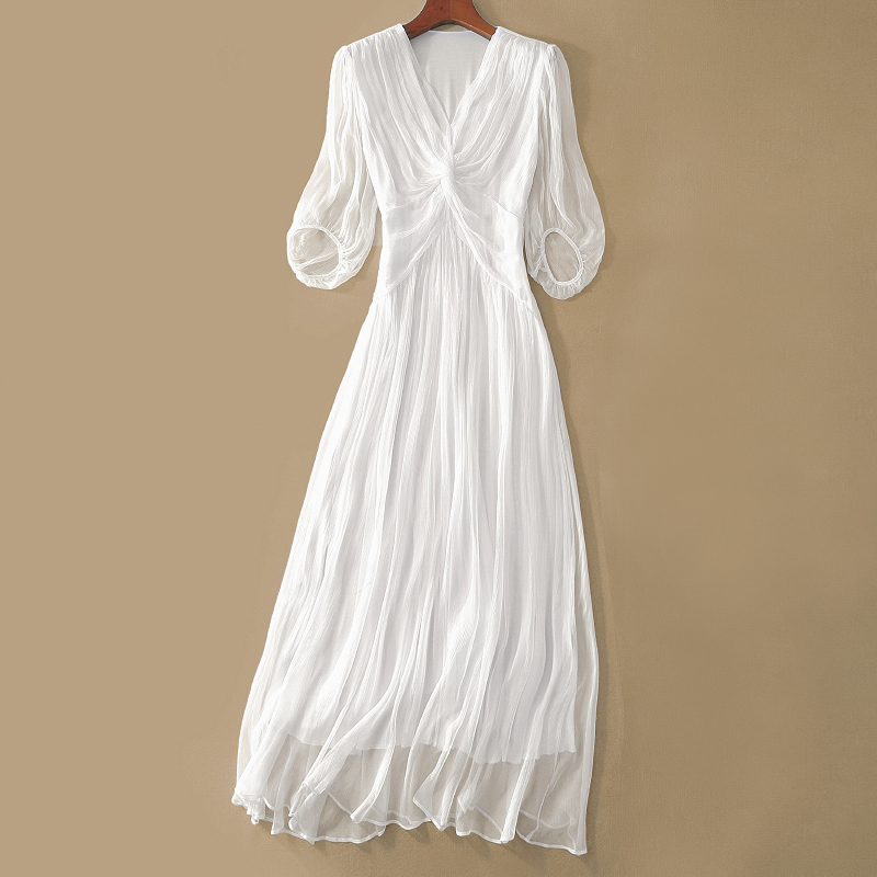 Silk Dress with Unique Design, Flowing and Draping, Vacation Dress with a Fairy-Like and High-End Feel, Mulberry Silk White Long Dress for Summer