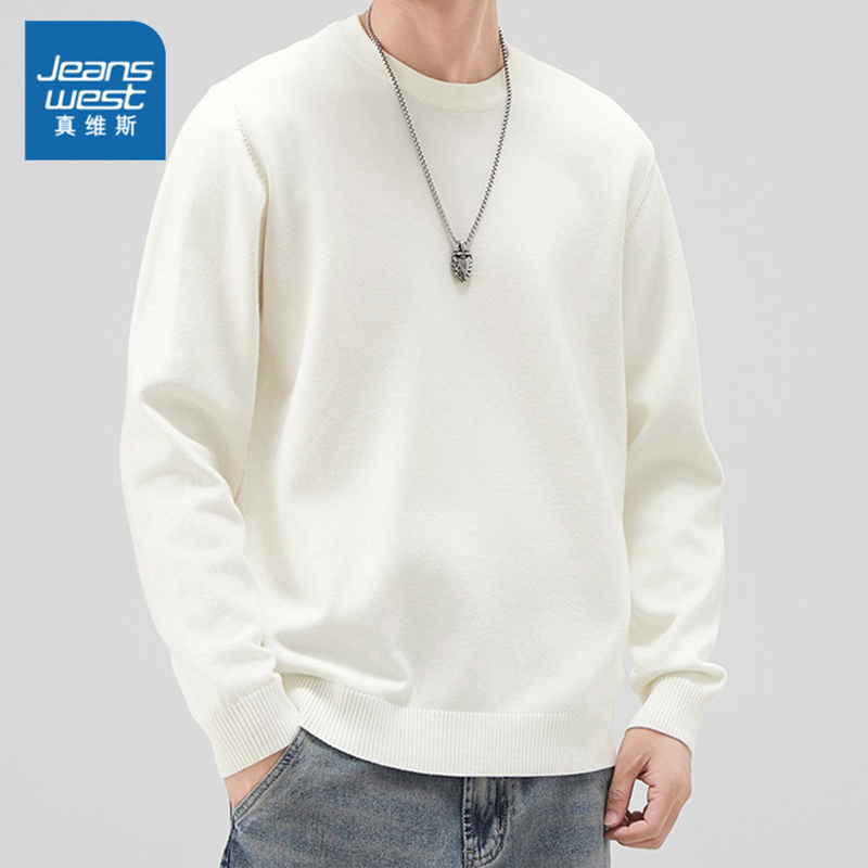 Jeanswest White Crew Neck Sweater for Men, Spring High-End Trendy Fashion Loose Casual Base Knit Sweater