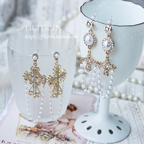 With filter dreamy girly feeling retro carved hollow cross pearl tassel 925 silver earrings ear clips