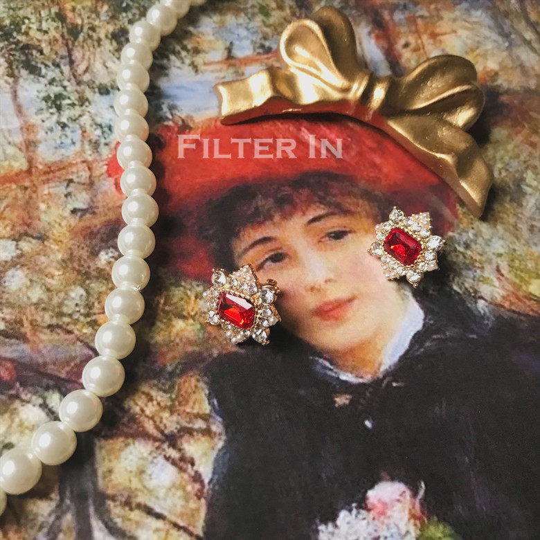 With filter｜Retro Palace Baroque Antique Vintage Elegant Ruby Stud Earrings Without Pierced Ear Clips