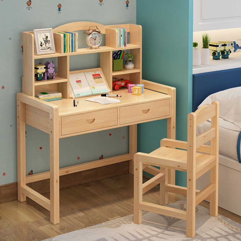 Solid wood children's study desk can lift children's desk Elementary school students writing desk and chair set Pine household desks and chairs