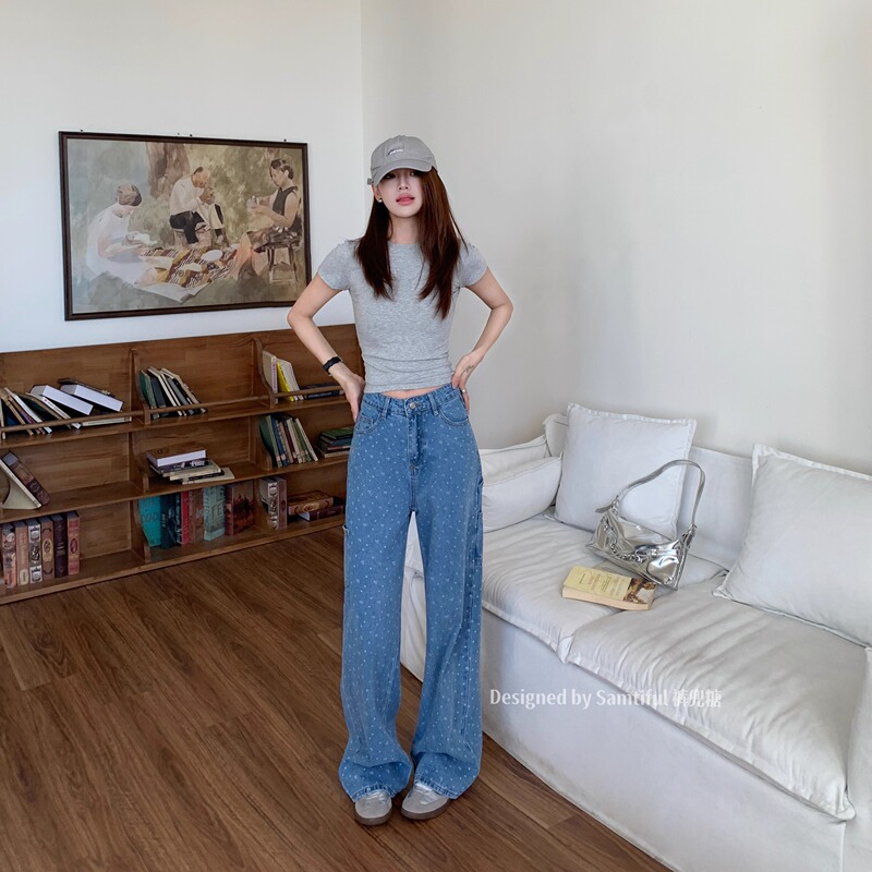 Pant Pocket Candy 2026 New Technique Washed Vintage Light Blue Slimming Workwear Pants Printed Straight-Leg Jeans for Women