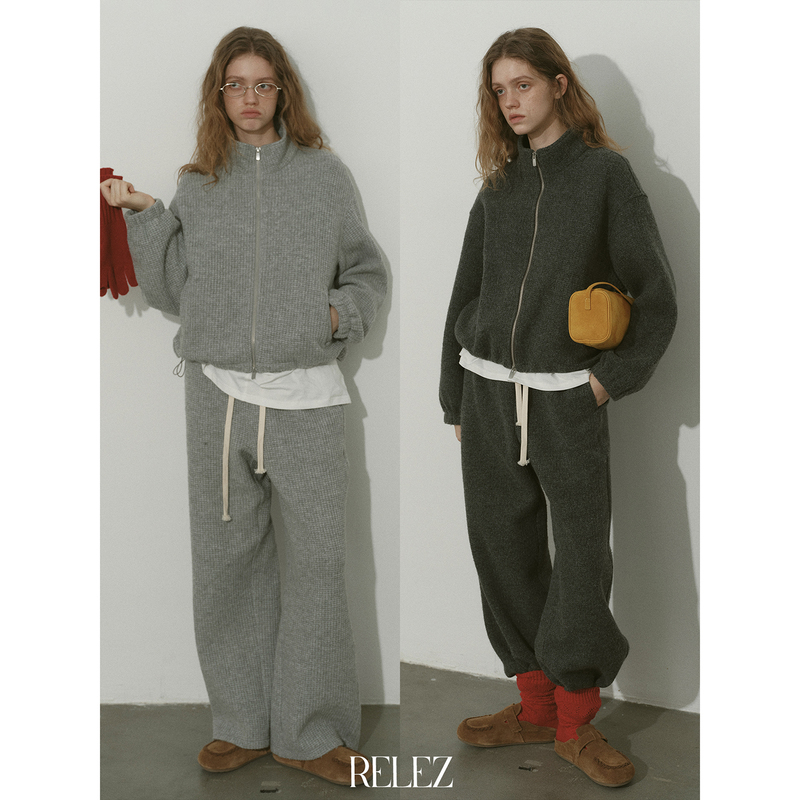 Relez Waffle Knit Sweatshirt Jacket Straight-Leg Casual Pants Set Women's New Fashion Simple Two-Piece Set