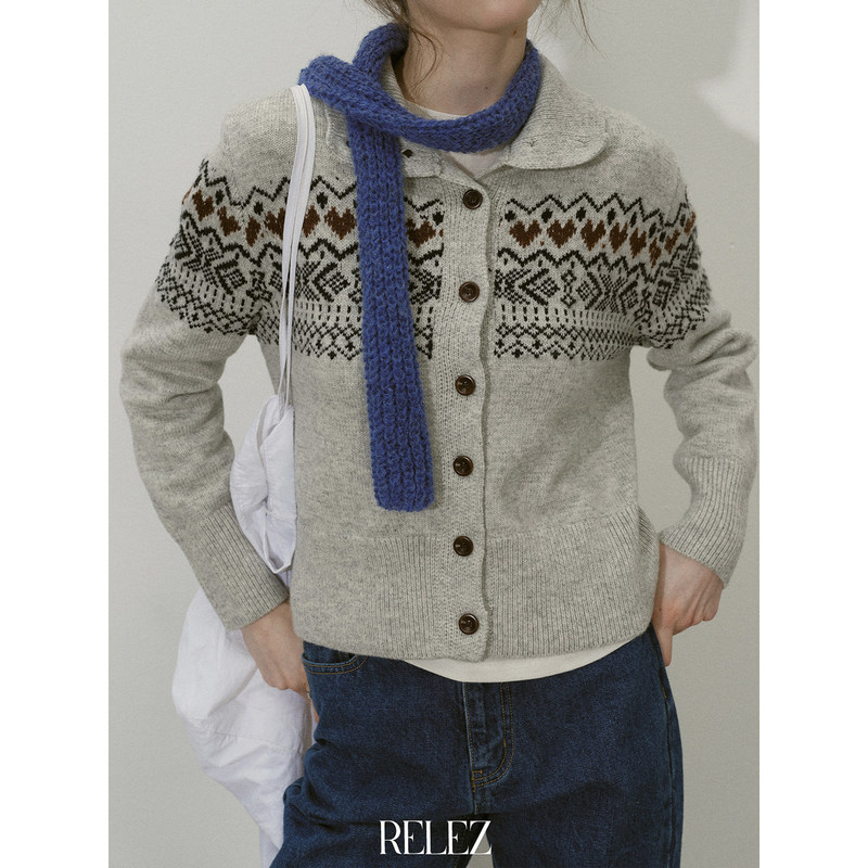 [In-Stock Benefit] Relez 32% Wool Fair Isle Jacquard Knit Cardigan for Women, Half-High Collar, Simple Sweater