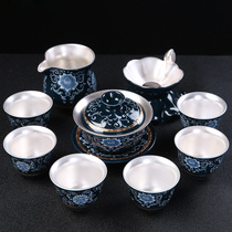 Jingdezhen tea set LOGO custom household blue and white porcelain set a whole set of ceramic silver kung fu tea cup tea bowl