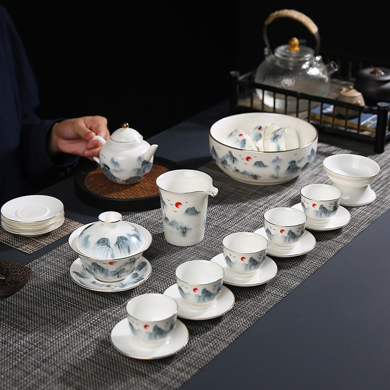 Landscape Painting Goat Fat Jade Fu Tea Furniture Set Group LOGO Gift Custom Company Live Shop Opening Action Companion Gift