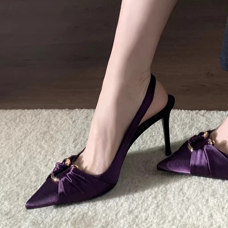 2026 New Style Shallow Mouth Metal Buckle Purple Satin One-Strap Sandals Feminine Pointed Toe Stiletto High Heels for Women