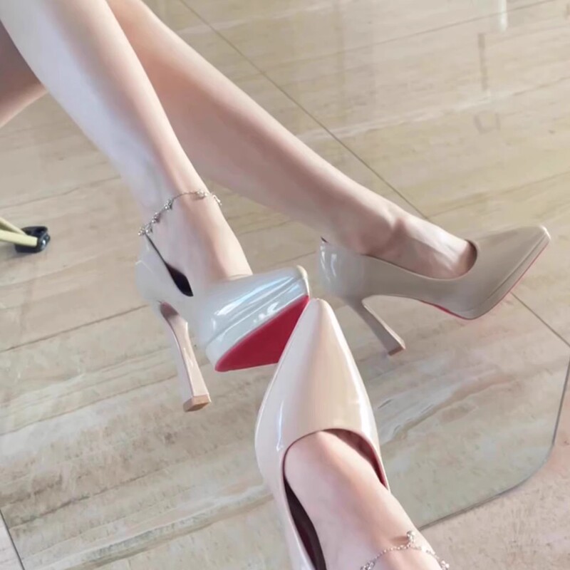 Patent Leather Red Sole Nude Pointed Toe Platform Cone Heel High Heels Women's Small French Style Banquet Versatile Commuting Shoes Women