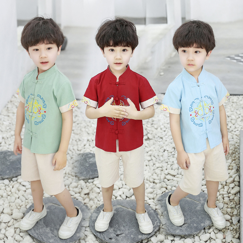Boy Disc Buttoned Hanfu Stand Collar Suit 2022 Summer Young Boy 2 China Wind 5 Children Cotton Linen Short Sleeve Don 11