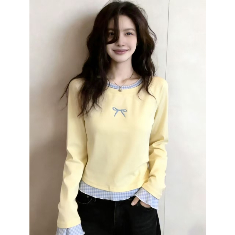 Age-Reducing Sweet Plaid Patchwork Bow T-Shirt for Women, Spring Clothing, Plus Size, Stylish Design, Versatile Top