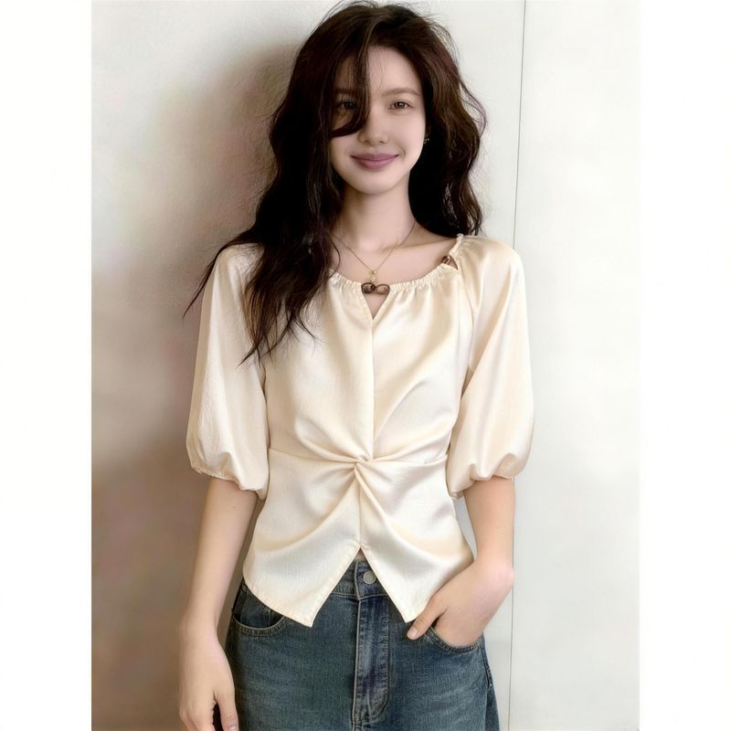 French-Style Beaded Hollow-Out Twist-Waist Blouse for Women, Summer Plus-Size, Trendy Niche Design, Slimming Top