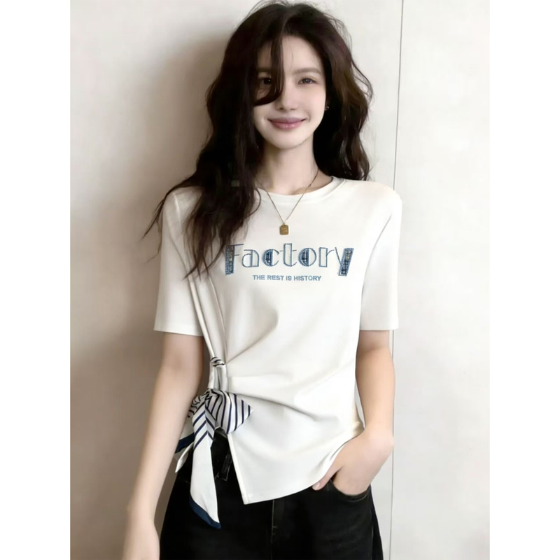 Irregular Lace-Up Waist-Cinching Letter-Embroidered T-Shirt for Women, Summer Plus Size, Korean Style, Trendy, Niche, Versatile Top