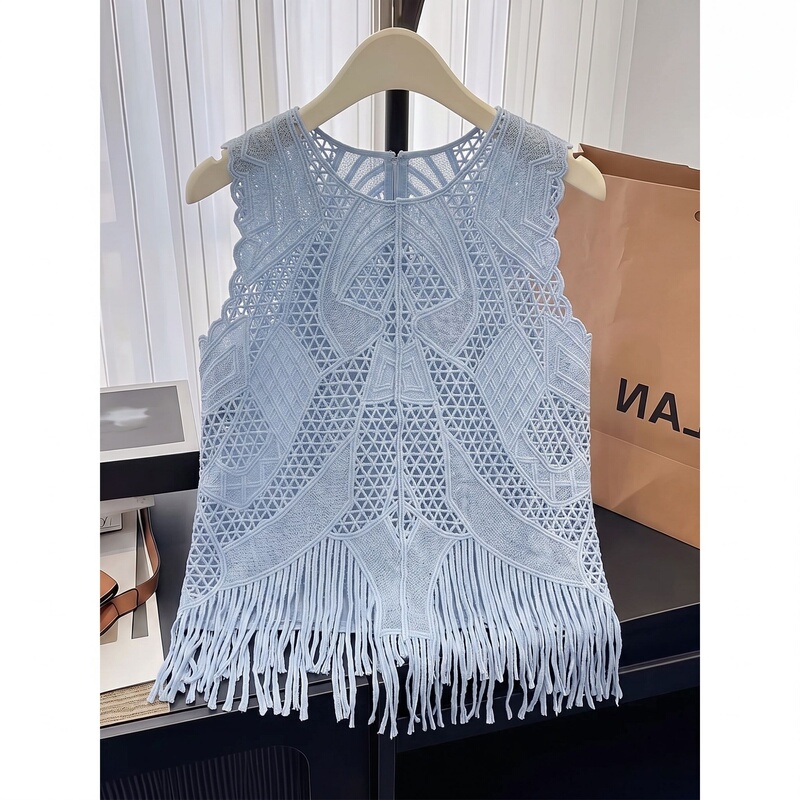 Wave Lace Diamond Grid Crochet Hem Tassel Vest for Women, Summer Plus Size, Loose and Slimming Top Wave Lace Diamond Grid Crochet Hem Tassel Vest for Women, Summer Plus Size, Loose and Slimming Top