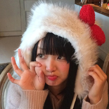 Cute Hello Kitty White Cat Bow Plush Hat for Women Christmas Ear Protection Head Wrap Lei Feng Hat