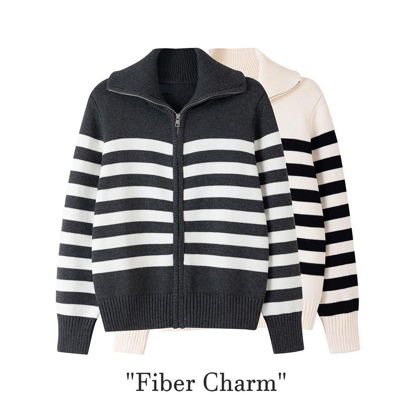 100% Pure Cotton Zip-Up Striped Knit Cardigan Sweater Coat for Women, Loose Casual Style Cos