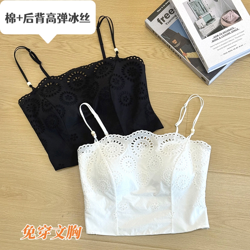 Pure Cotton Sexy Lace Hollow-Out Tube Top for Women with Chest Pads, Gathered Thin Straps, Anti-Exposure, Beautiful Back, Strapless Bra 301