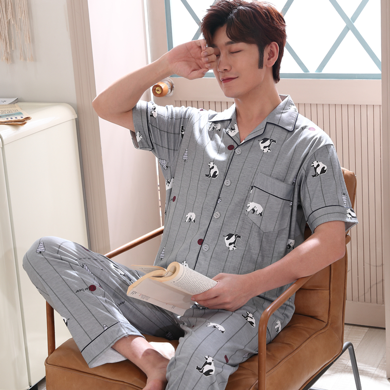 Bộ đồ ngủ mens mùa hè ngắn tay mens quần cotton mùa hè bông trung niên mùa xuân và mùa thu mỏng lớn mã nhà quần áo.